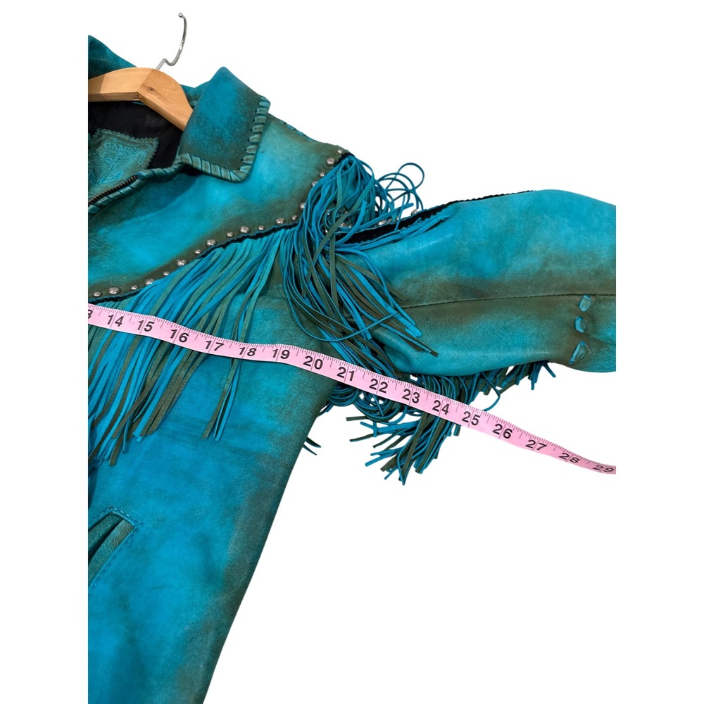 Gamino Turquoise Leather Fringe Western Jacket Studded Boho Whipstitch XL - Picture 11 of 12